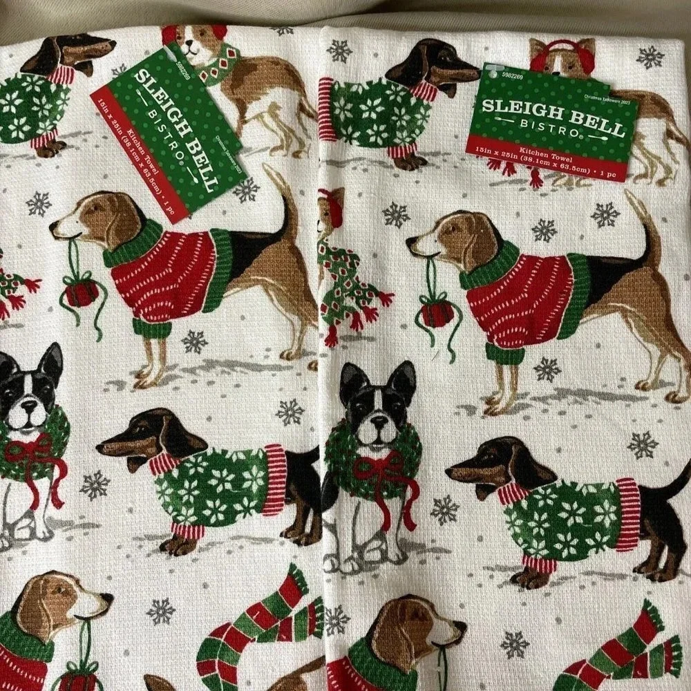 2 Kitchen Towels & Drying Mat Dachshund Boston Terrier Dog Christmas Holiday NEW